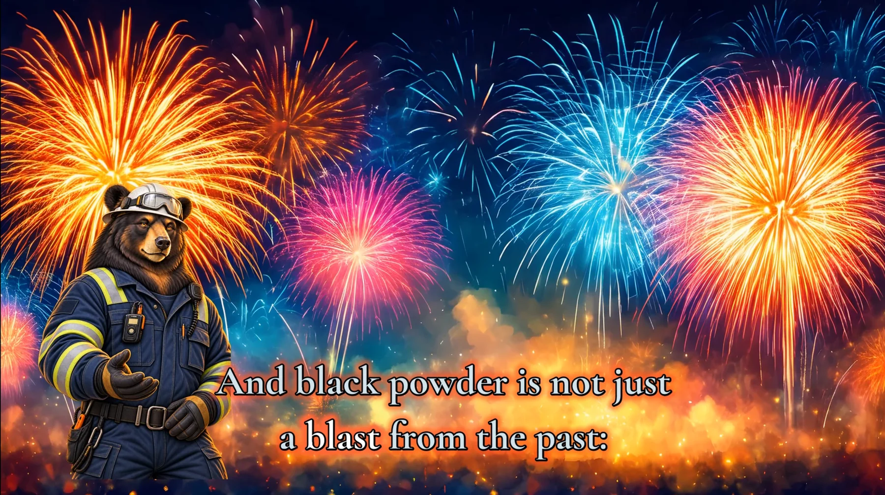 Chemistry TV FIRE episode frame with Miles presenting fireworks chemistry
