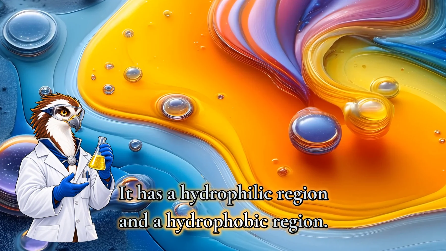 Chemistry TV SOAP frame with caption text about hydrophilic and hydrophobic regions