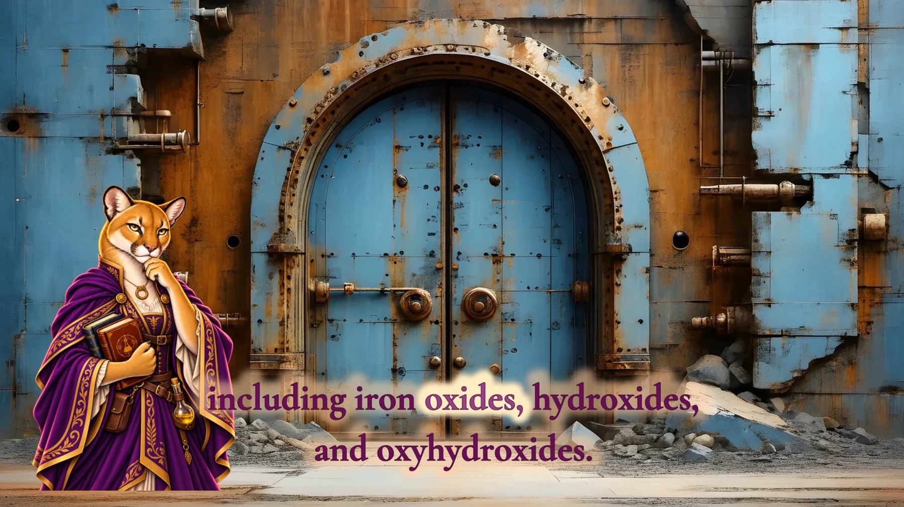 Chemistry TV RUST frame with caption terms iron oxides, hydroxides, and oxyhydroxides