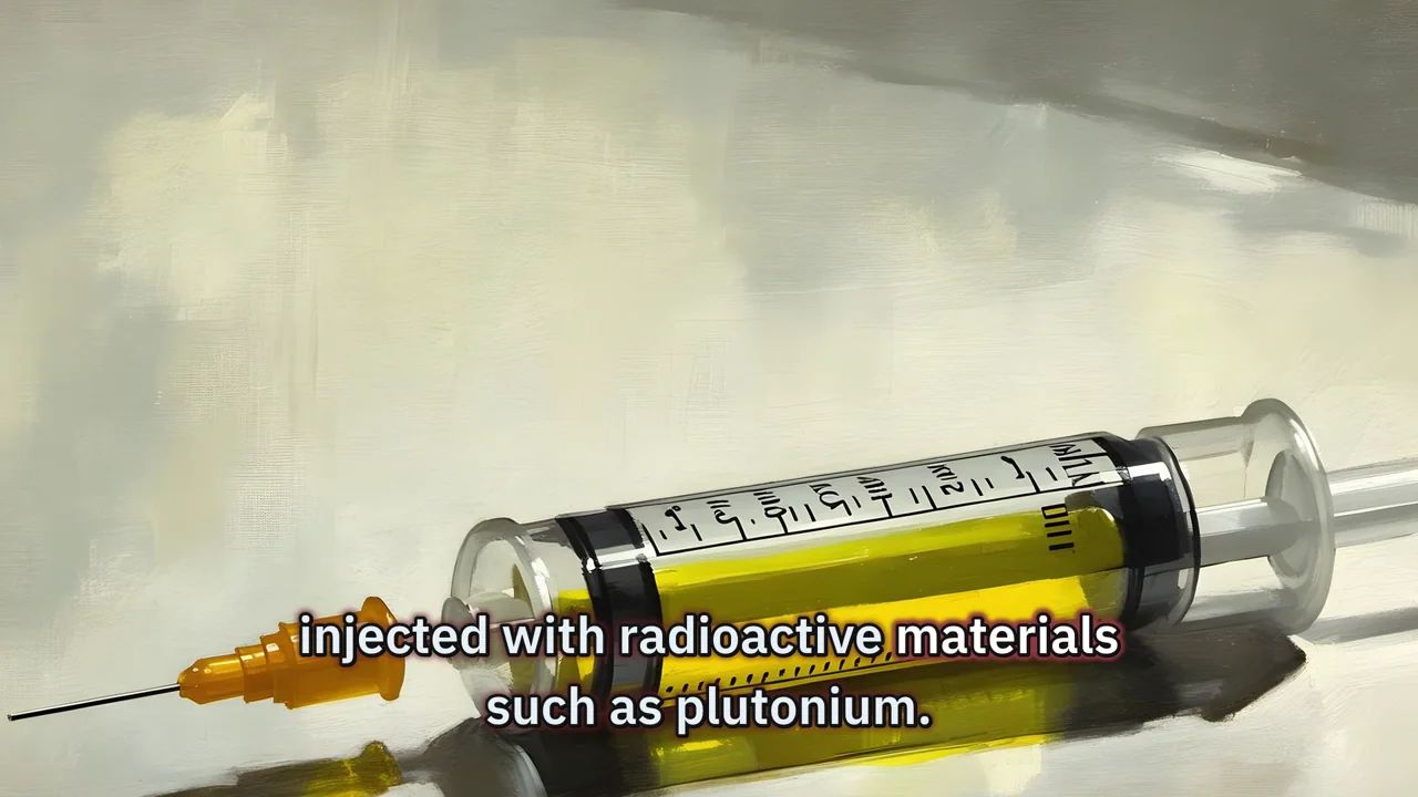 Illustrative syringe scene with a caption containing the term plutonium