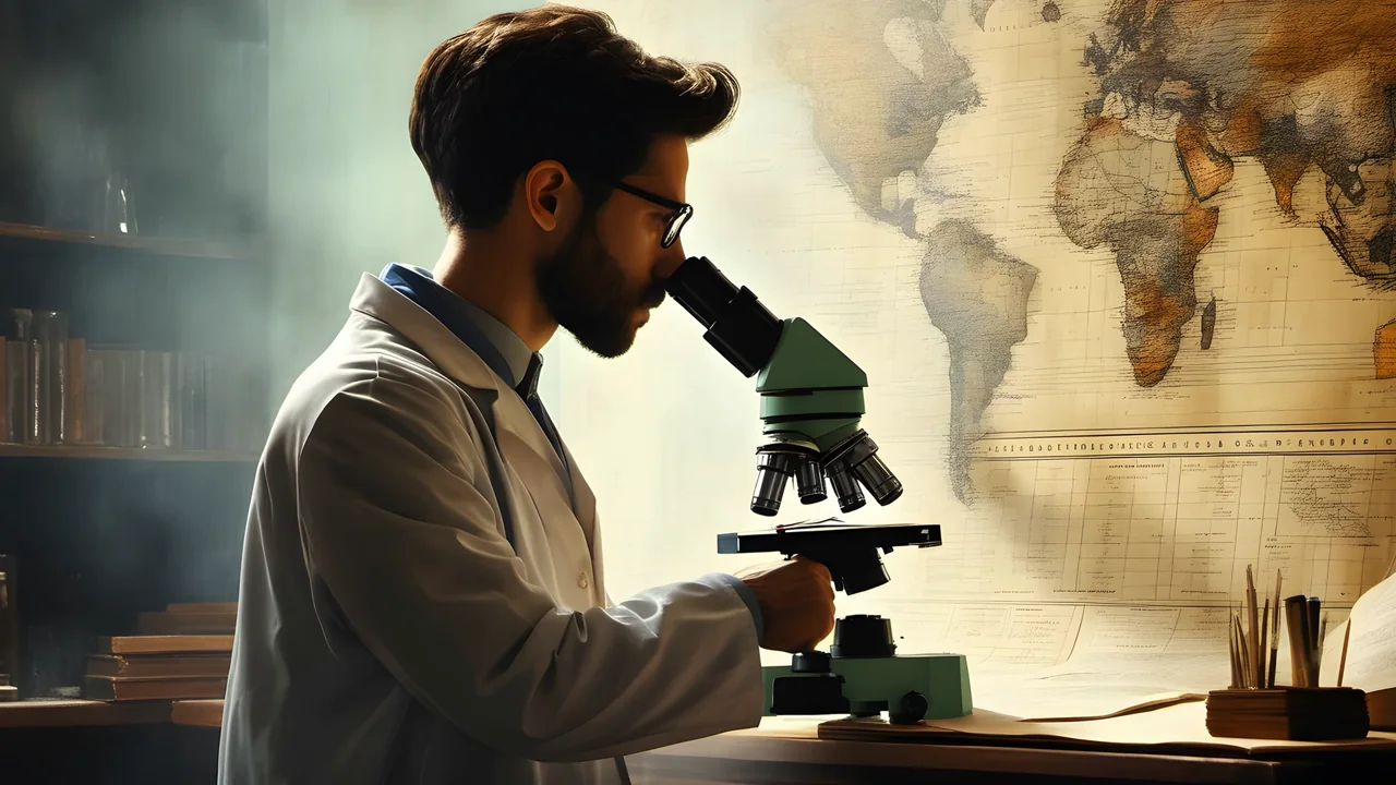 Illustrated researcher at a microscope from the caption-free source production